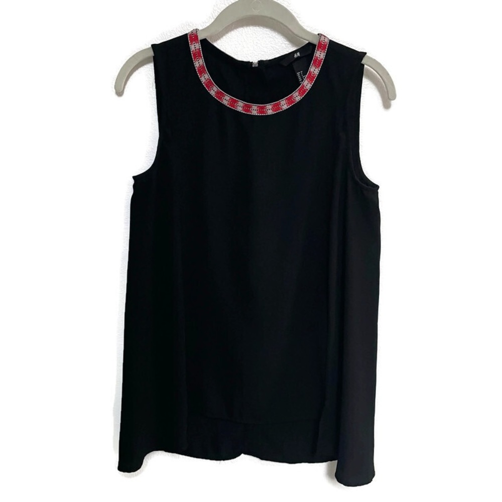 H&M Women’s Black Sleeveless Tank Top with Red & White Patterned Collar Size 4